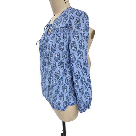 J Crew 100% Cotton Popover Split Neck Peasant Blouse Blue Floral Sz L - Picture 4 of 7